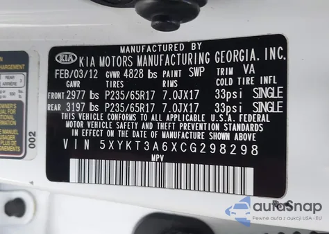 2012 Kia Sorento Lx из США, поврежденный, VIN 5XYKT3A6XCG298298